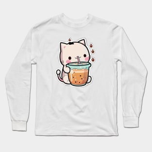 Cute Cat Drinking Bubble Tea Cartoon Boba Drawing Long Sleeve T-Shirt